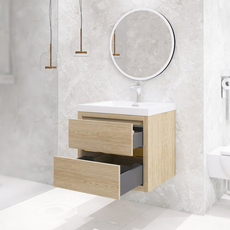 Ensemble de meuble-lavabo simple mural moderne 24 po avec lavabo en résine, 24", Chêne naturel
