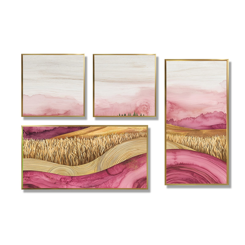 «Farm Charm Meadow with Lavender Ink Field Landscape I», art mural 4 pièces, Impression encadrée sans passe-partout, Doré