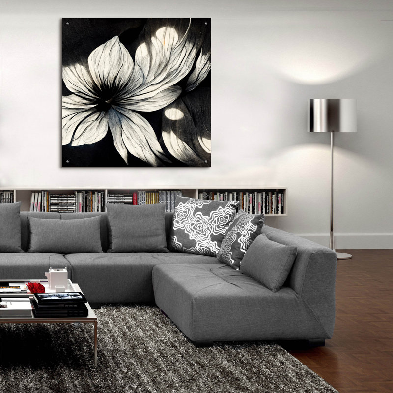 «Flowers Black White 1» par Ray Heere, art mural en verre acrylique, 12 po x 12 po, H 36 po x l 36 po x P 0,2 po