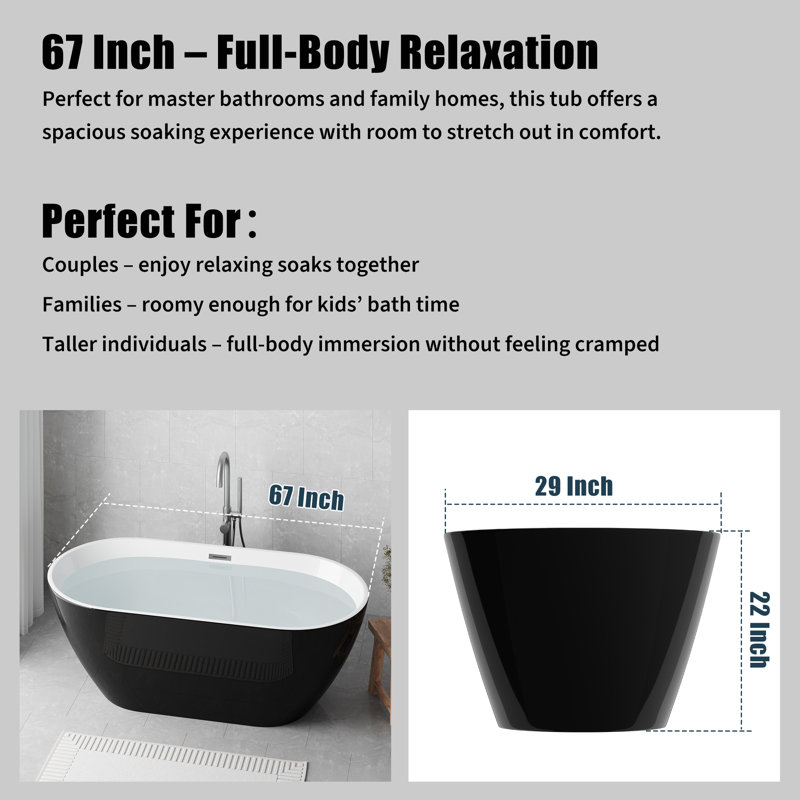 Freestanding Acrylic Soaking Tub with Pop-Up Drain & Overflow - Stand Alone Tub for Bathroom