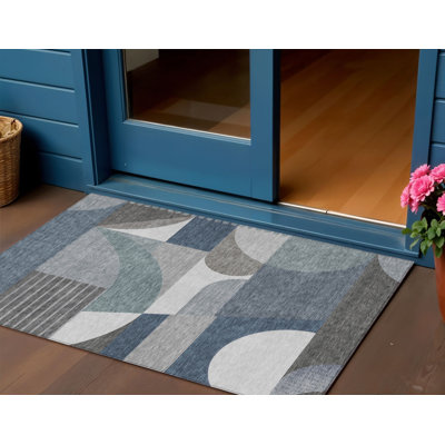 3' X 5' Gray Blue And Ivory Geometric Washable Indoor Outdoor Area Rug