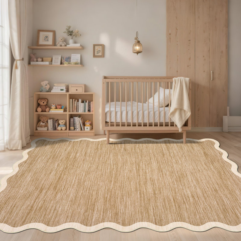 Scalloped Washable Rugs for Living Room Neutral Area Rugs Ultra-Thin Non Slip Large Bedroom Carpet Indoor Stain Resistant Contemporary Carpet for Dining Room Dorm