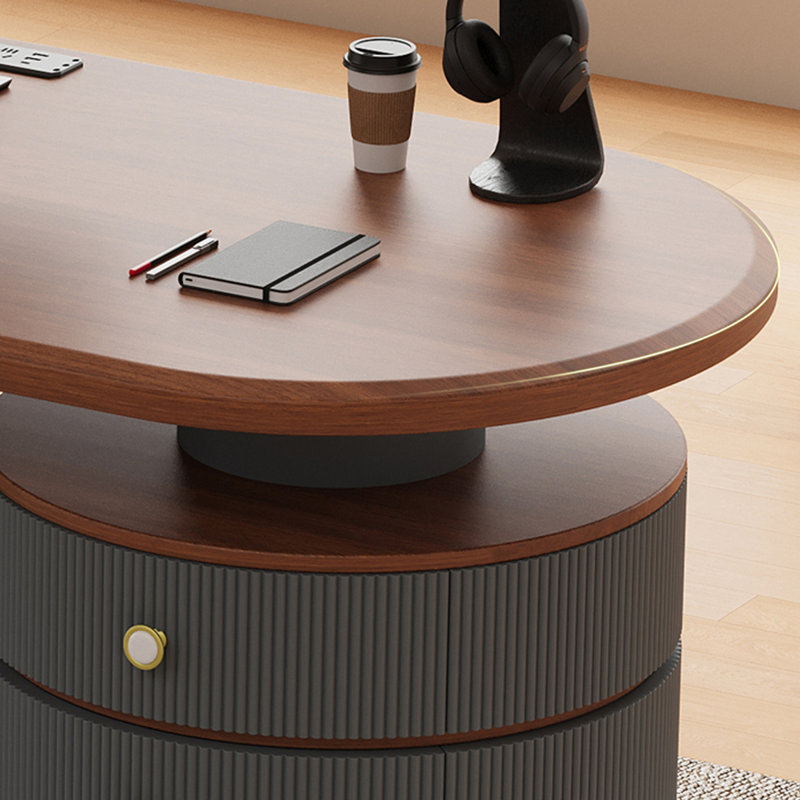 Bureau en bois manufacturé demi-cercle brun noisette + gris pistolet avec 3 tiroirs, H 29,53 po x l 62,99 po x P 27,56 po