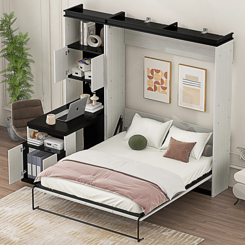 Lit escamotable double avec bureau et tablettes et armoires de rangement, cadre de lit