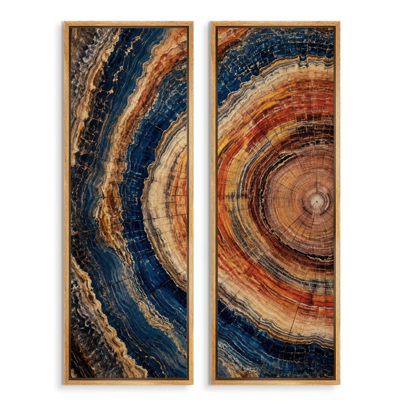 Bagues en pierre superposée bleu rouille et marron, motif abstrait naturel – Ensemble de 2 impressions d'art encadrées sur toile 60 po x 20 po x 2