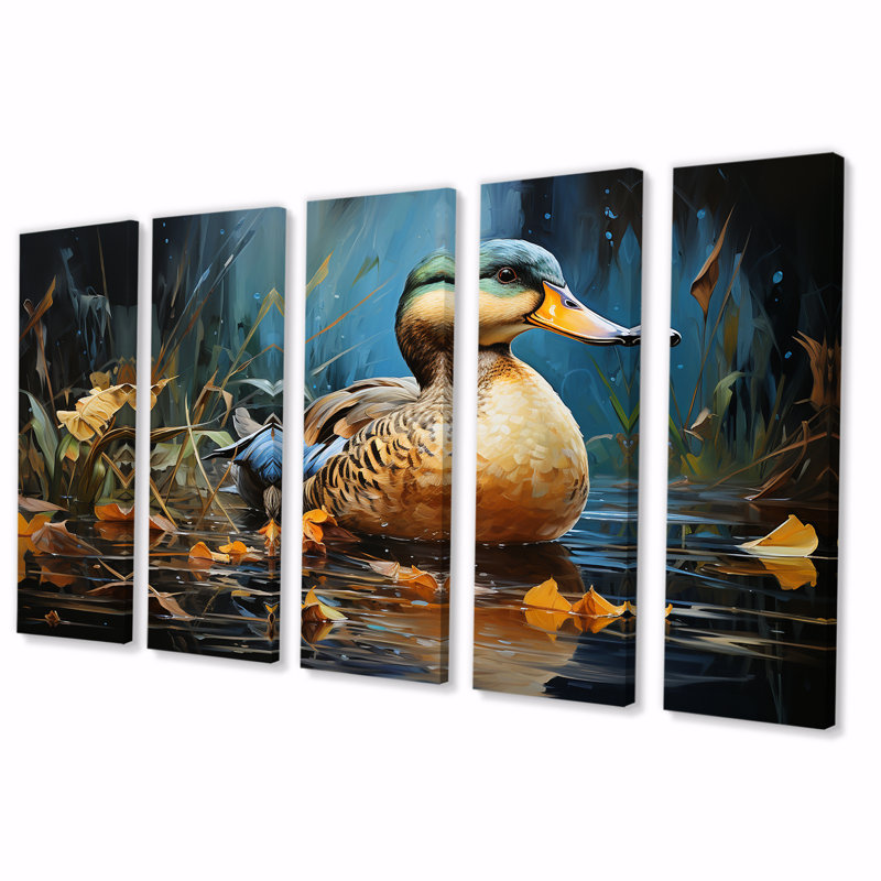 Baroque Blue Duck Elegance III - art mural 5 pièces pour salon, H 28 po x l 60 po