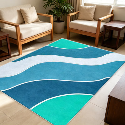 Tapis bleu sarcelle Abstract Wave - facile à nettoyer, lavable à la machine, doux et confortable; convient aux tapis de porte, aux cuisines, aux salons, aux chambres à coucher, aux couloirs et aux buanderies. Tapis facile à nettoyer et durable pour la décoration intérieure.