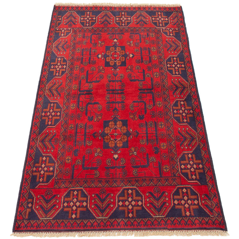 Tapis de zone en laine rouge 3 pi 4 po x 4 pi 9 po à main one-of-kind-noué la 2010s esari turque Alarick