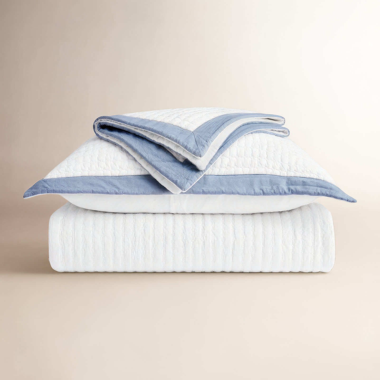 Border Frame Cotton Pick-Stitch Channel Quilt, Blue Linen, King Quilt + 2 King Shams
