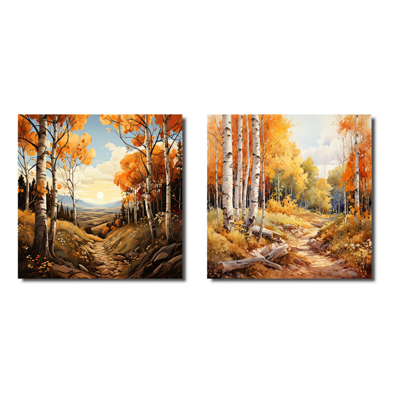 Birch Woods Mystic Moonlight - Ensemble de 2 paysages carrés, Toile tendue, H 16 po x l 33 po