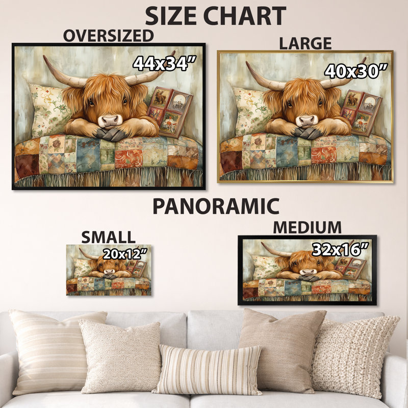 Quilted Highland Rest - Affiche murale vache, 34" H x 44" W, Toile tendue