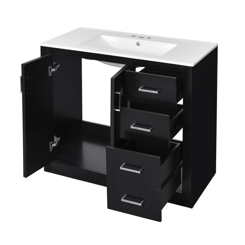 36'' Bathroom Vanity With Ceramic Sink Combo, Solid Wood Frame Bathroom Storage Cabinet, Freestanding Vanity Set With 3 Drawers& Soft Closing Doors