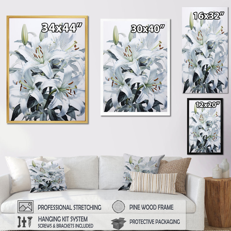 «White Serenade Beauty of Lilies II», reproduction sur toile encadrée, Cadre flottant noir, H 40 po x l 30 po x P 1,5 po