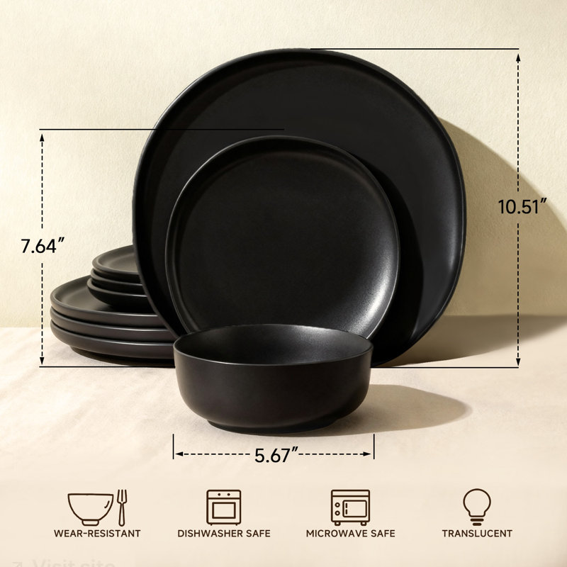 12 Pieces Dinnerware Sets, 12-piece Kitchen Plates And Bowls Sets, Black, Black