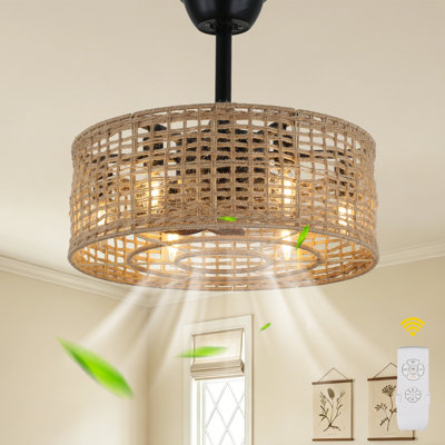 18" Boho Farmhouse Woven Hemp Rope Caged Ceiling Fan with Lights and Remote Control, 3 Speeds, 6-Light Fandelier for Bedroom, Living Room, Kitchen