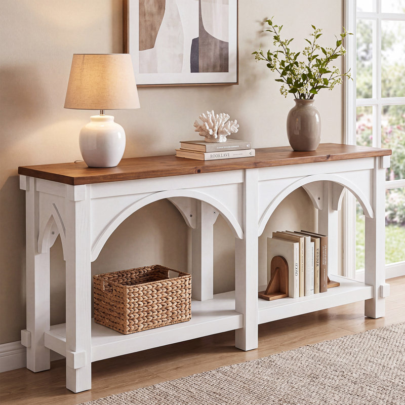 Console 63 po en bois massif pour vestibule, table de ferme à 2 niveaux avec tablettes de rangement pour le salon