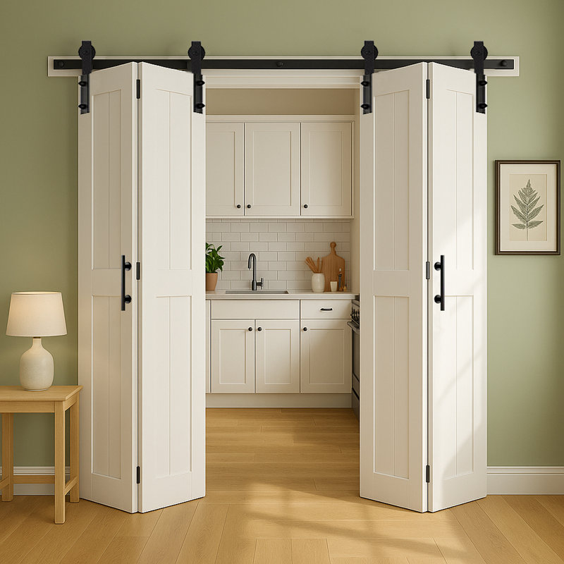 Porte de grange pliante blanche à deux plis 64 po x 84 po (16 x 4 po) S&Z TopHand®, porte coulissante double pliante avec quincaillerie et poignée, panneau de fibres à densité moyenne massif avec surface en PVC imperméable, aucun assemblage requis