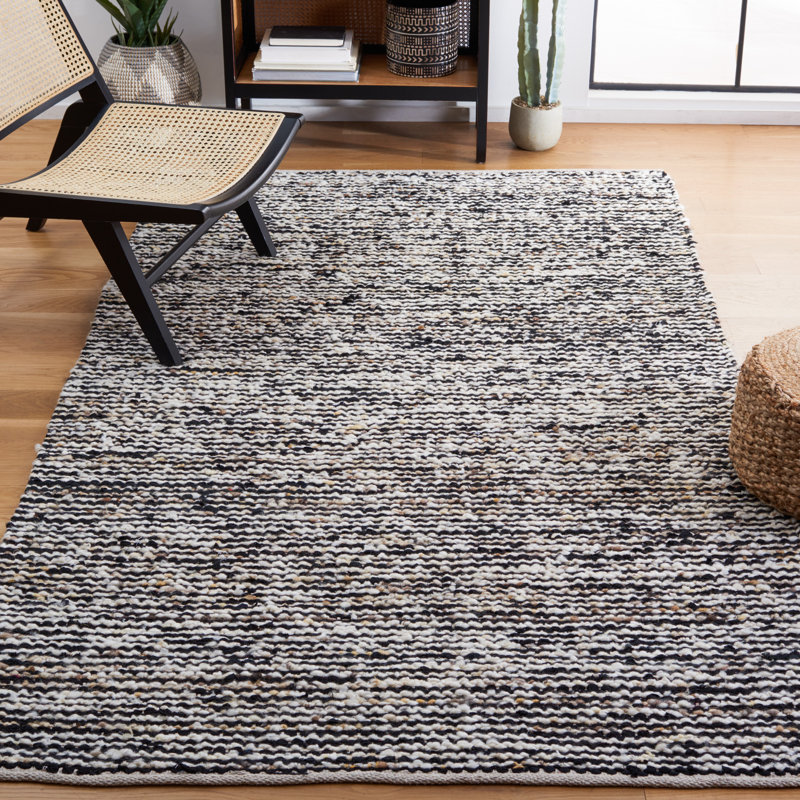 Jeanann Flat Weave Wool/Cotton Rug in White/Black, Rectangle 5' x 8'