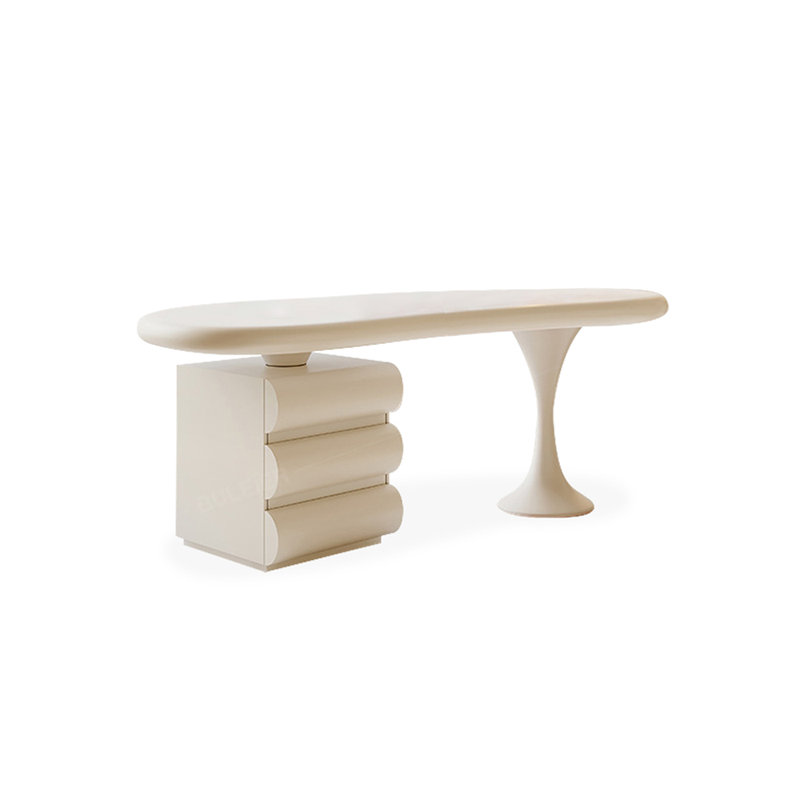 White Curved Solid+Manufactured Wood with 3 drawers desk, 29.53" H x 55.12" W x 23.62" D