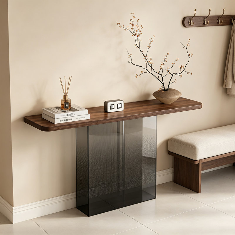 Console en acrylique noyer pour entrée, H 29,53 po x l 31,5 po x P 11,81 po