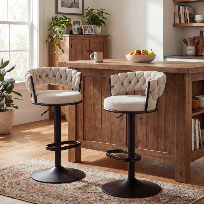 Modern Woven Beige Fabric Tufted Back Swivel Bar Stools With Adjustable Height Black Metal Base And Footrest Stylish Stools For Kitchen Counter Breakfast Bar Or Home Bar, Set Of 2