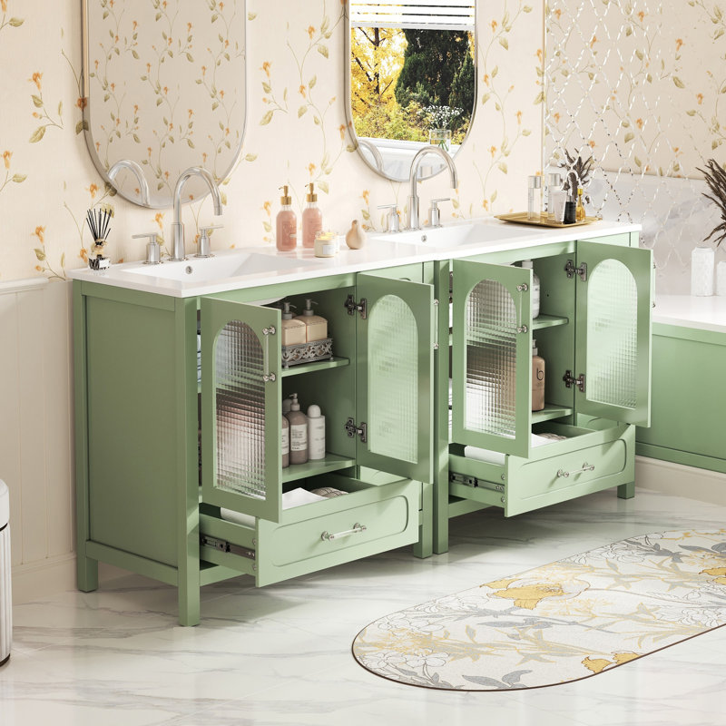 Meuble-lavabo de 72 po avec portes en verre texturé gaufré, finition fraîche, style moderne, rangement intelligent, huit tiroirs, quatre comptoirs doubles, tablette réglable, charnières lisses, rails coulissants, s'adapte à tous les décors