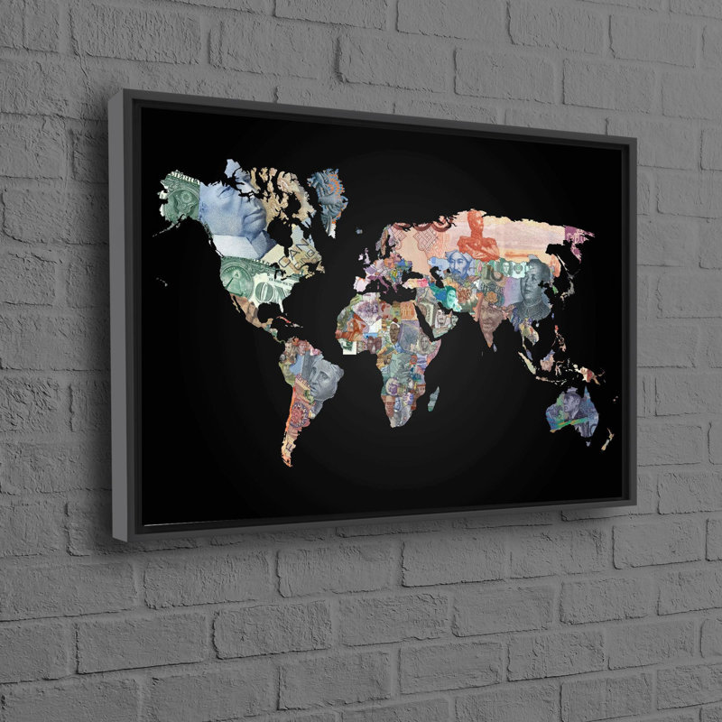 Black and White World Map Canvas Art with Monetary Design Ideal for Modern Office or Bedroom Interior Decoration, Black