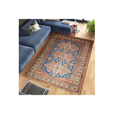 Tapis orange lavable à la machine à motif tissé orange et bleu