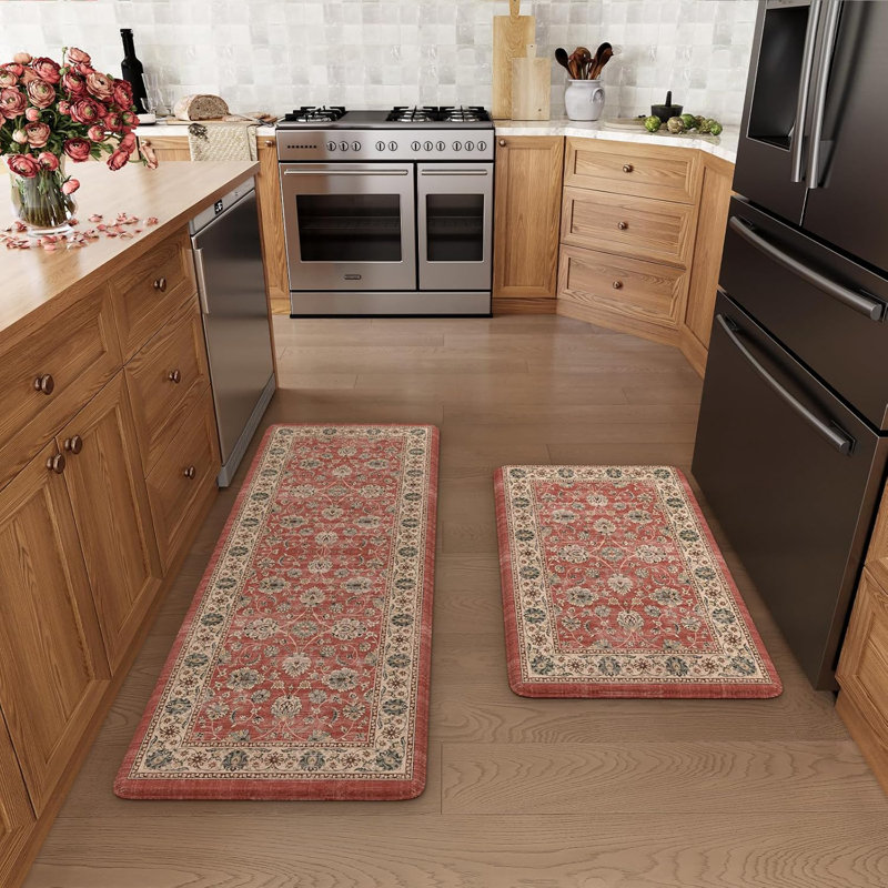 Boho Vintage Kitchen Rugs Sets of 2 Comfort Standing Mat, 119cm L x 44cm W, Red
