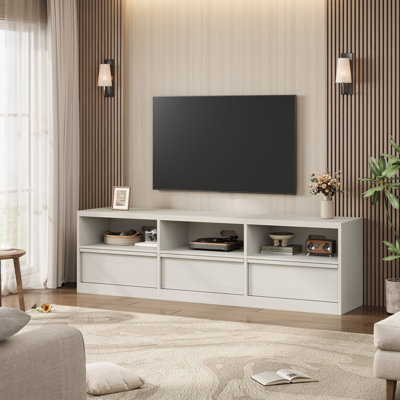 Meuble télé 70 po pour téléviseur de 85 po ou moins, meuble audio-vidéo moderne Mid-Century avec tiroir de rangement et tablettes ouvertes, console multimédia robuste pour le salon et la chambre à coucher