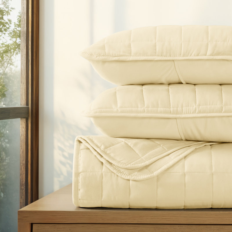 Simply Soft™ Double Brushed Microfiber Square Pattern Quilted Coverlet Set, Full/Queen Coverlet + 2 Standard Shams, Yellow