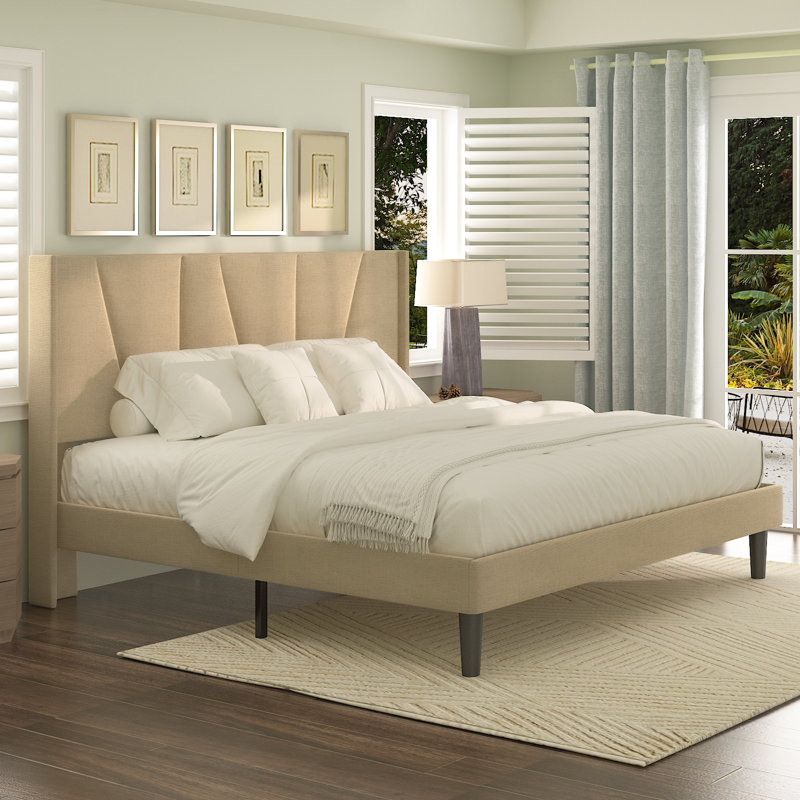 Mccreight Low Profile Platform Bed with Winged Headboard, No Box Spring Needed, Light Belge, King