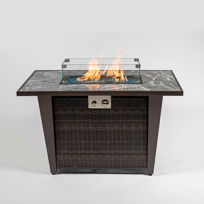 42Inch Rattan Fire Pit Table With Ceramic Tile Tabletop