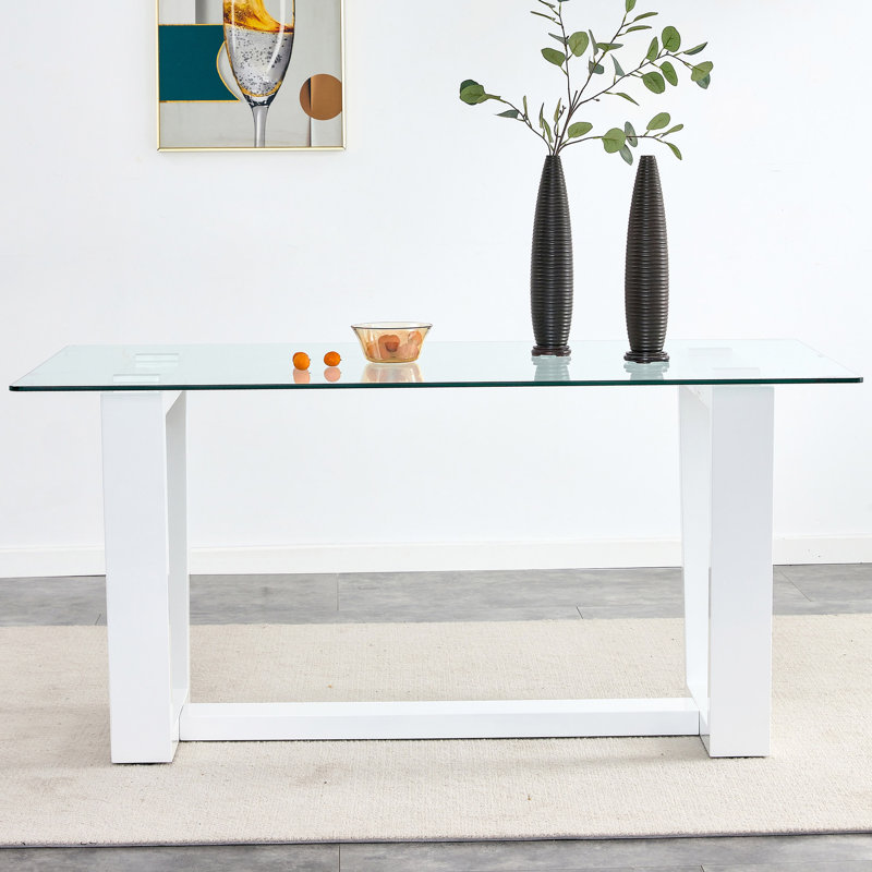 Table rectangulaire chic en verre trempé et blanc, pouvant accueillir de 6 à 8 personnes Table élégante avec structure, convient aux personnes