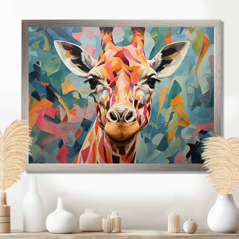 Portrait de girafe orange et vert - Art mural girafe, Cadre flottant blanc, H 24 po x l 32 po x P 1 po