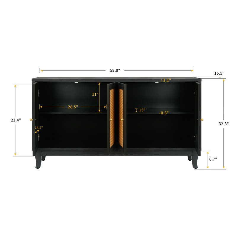Baotran Console Table, Sideboard Buffer Cabinet with 4 Rattan Doors and Adjustable Shelves for Living Room, Antique Black