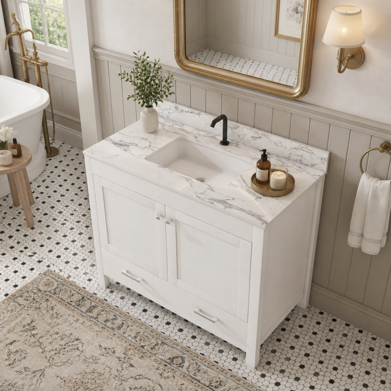 Freestanding Standard Single Vanity Bathroom Vanity With Stone Top