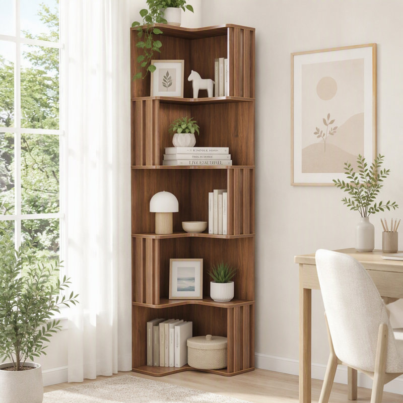 Étagère d'angle à 5 niveaux avec cloison cannelée, présentoir en forme de L, bibliothèque gain de place