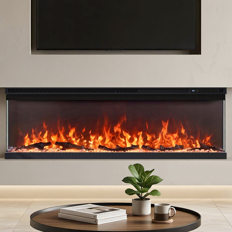 3-Sided Panoramic Electric Fireplace with 12-Color LED Flames, Recessed or Wall Mounted, 44cm x 101.8cm x 20cm