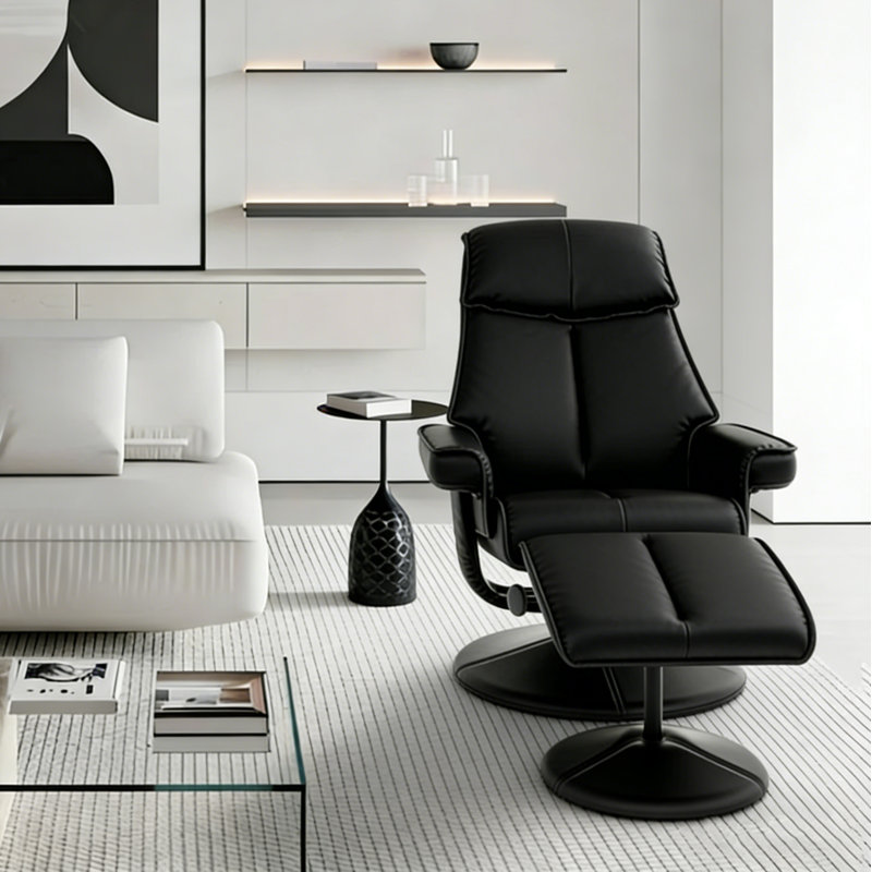 Upholstered Swivel Recliner Chair With Ottoman, 26'' Faux Leather Lounge Chair With Adjustable Backrest