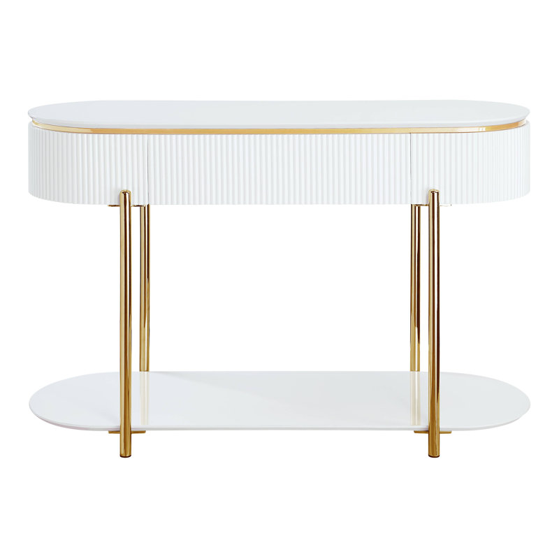 Darvis Contemporary 47"L Oval Sofa Table in White High Gloss and Gold