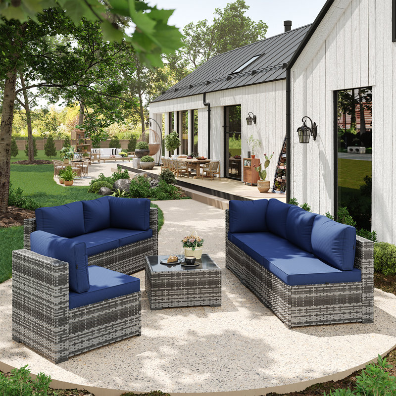 Ensemble de conversation modulaire en osier de rotin 7 pièces avec coussins 7 pièces, Blue Cushion/Grey Frame