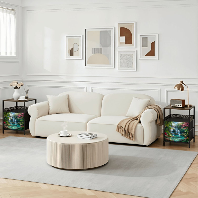 Table de chevet avec station de recharge, 2 tiroirs, ports USB et prises électriques, tablette ouverte, noire, pour chambre ou salon. Motif imprimé : cascade tropicale, forêt, piscine turquoise et fleurs éclatantes.