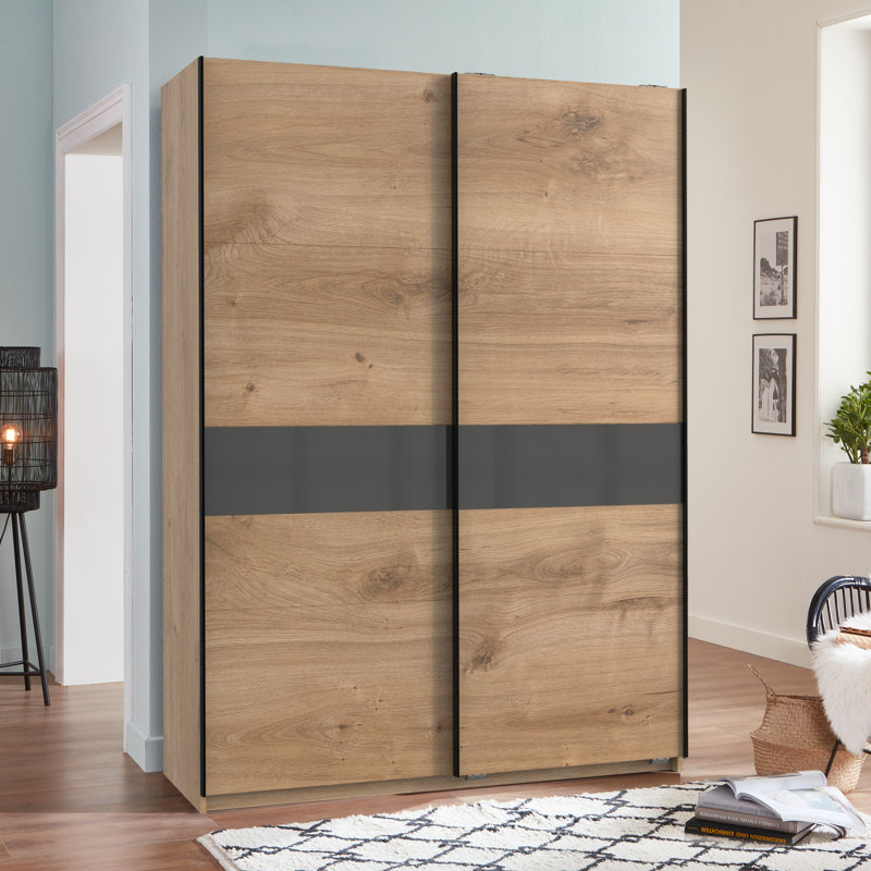 Chaska 2 Door Manufactured Wood Wardrobe, 198cm H x 135cm W x 64cm D, Premium Plus, Plank Oak/Glass Grey