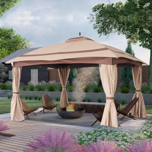 12 Ft. W x 10 Ft. D Soft Top Steel Patio Gazebo with Curtain and Netting