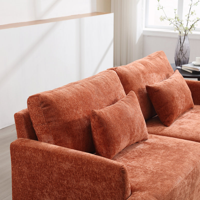 Canapé en chenille de style Mid-Century, Chenille orange foncé