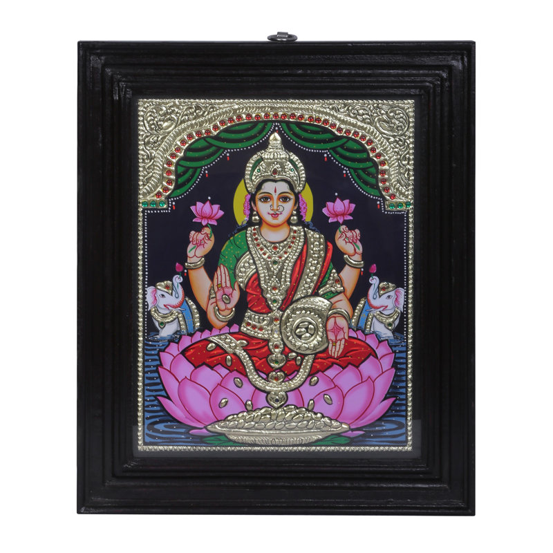Peinture Devi Gajalakshmi Tanjore avec cadre en bois de teck | Couleurs traditionnelles avec or 24 carats | Fait à la main