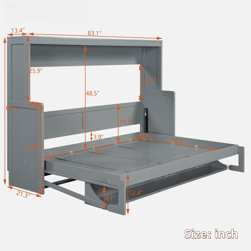 Trevyon Classic Murphy Bed With Hydraulic Lift & Desk Design, Gray, Full