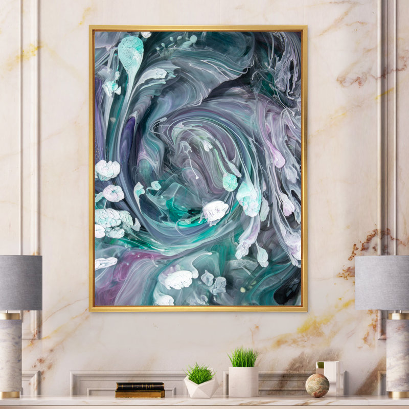 Turquoise et mauve liquide Flow Art V - décoration murale moderne en toile, H 8 po x l 12 po x P 1 po