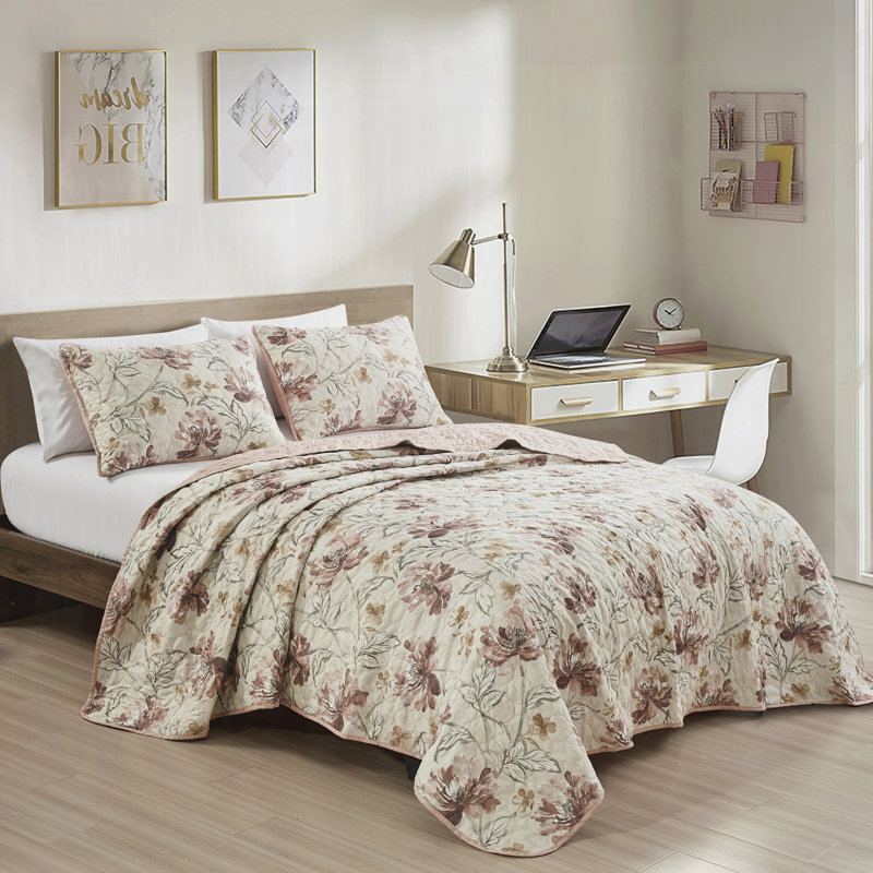 Ensemble de couvre-lit réversible en microfibre 3 pièces, imprimé floral rosé, Floral beige